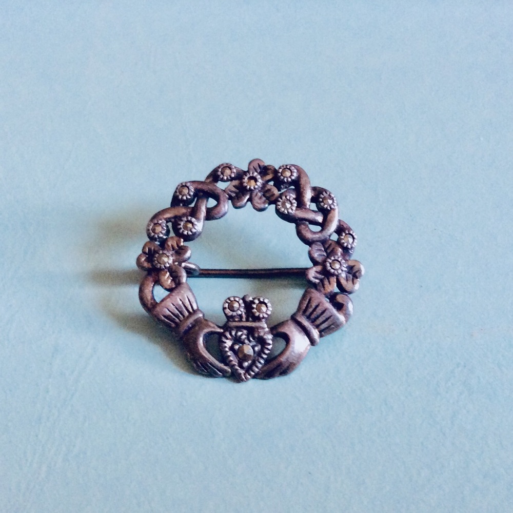 Vintage Irish Jewelry  Claddagh  Marcasite  Pin